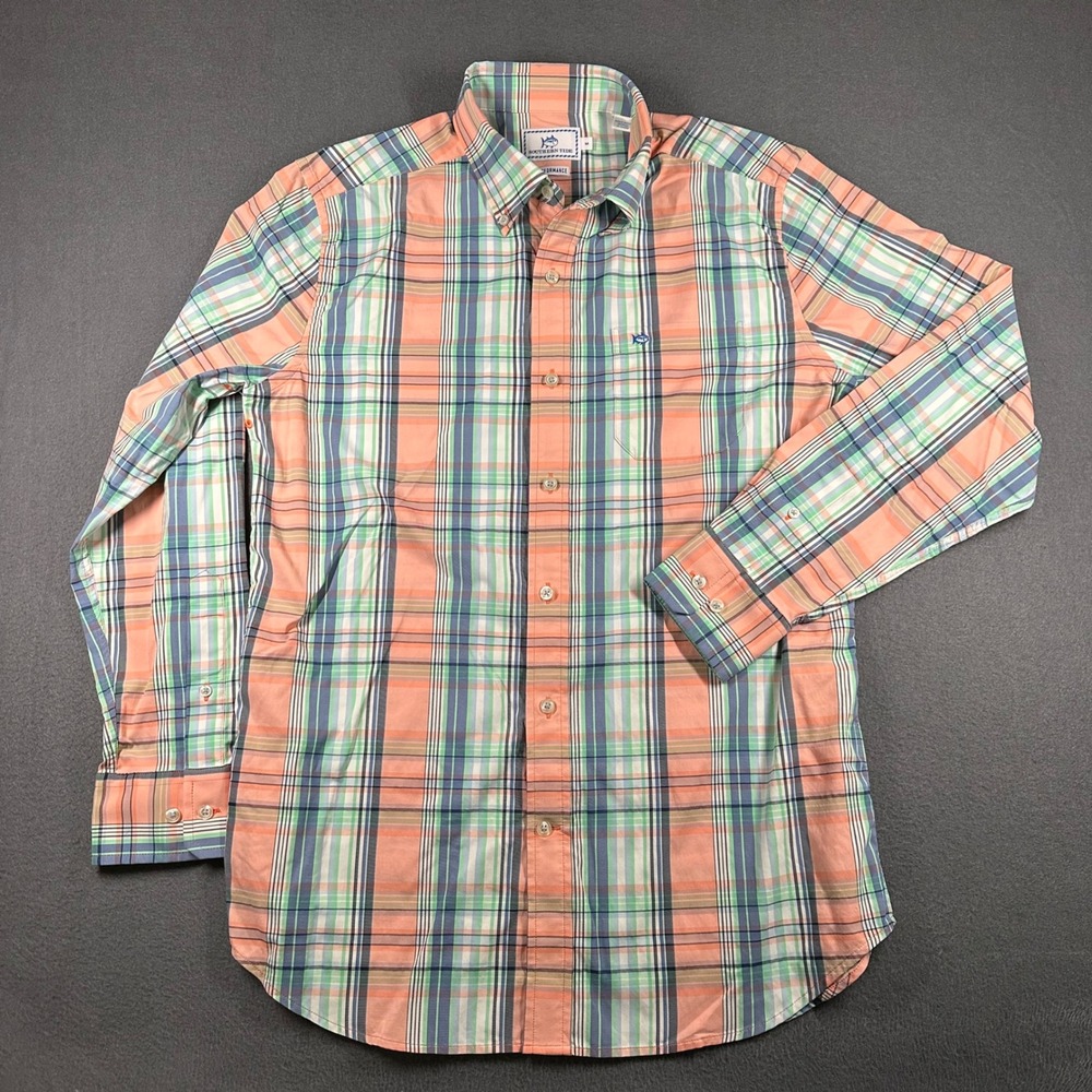 Southern Tide Performance Shirt Mens Medium Plaid Button Down Peach Blue Green